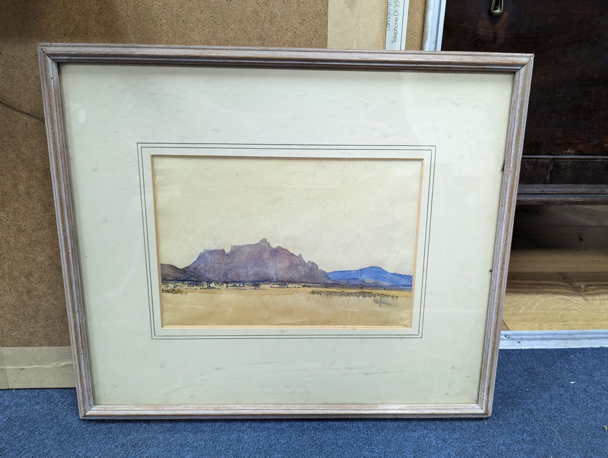 Trevor Grimshaw, lithograph, The Viaduct, signed 100/150, 44 x 66cm, a charcoal drawing of Leda and the swan by Julie Held and an unsigned watercolour landscape